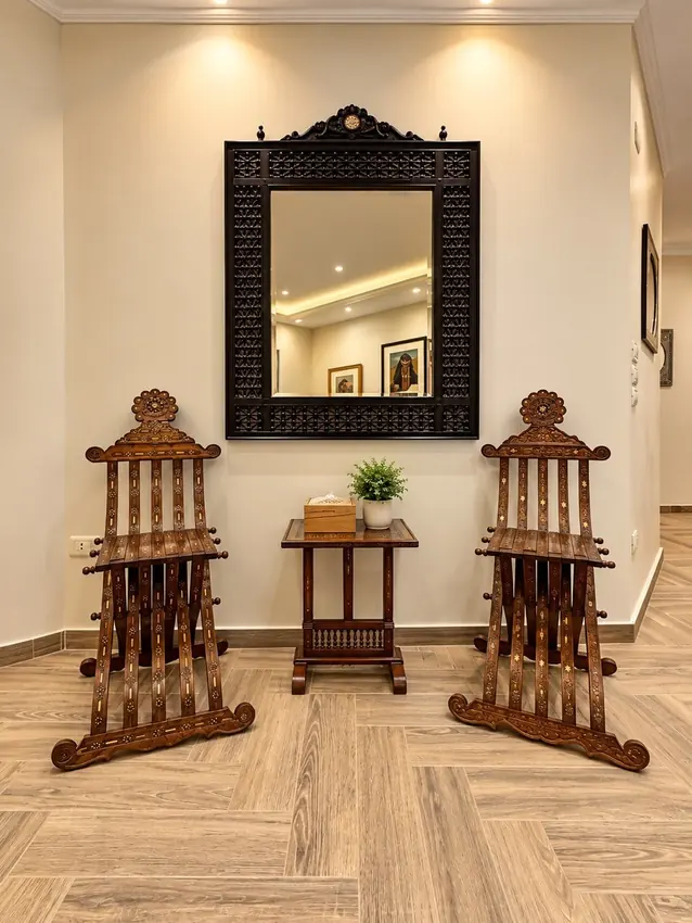 Amical Residence carved wooden chairs and mirror