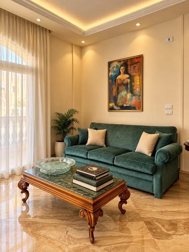 Amical Residence teal sofa living room